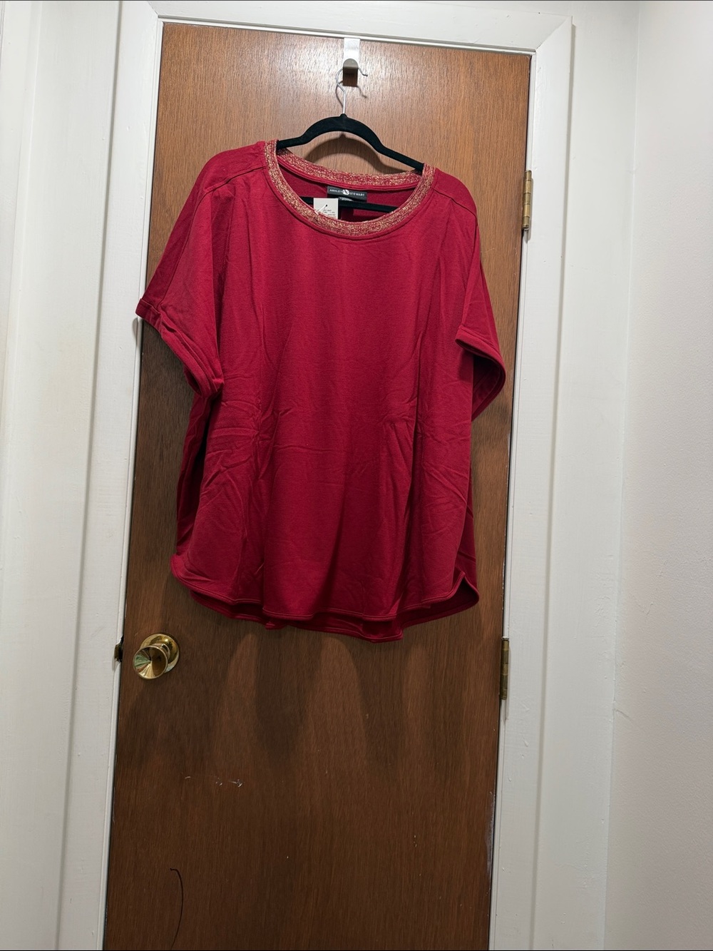 Ashley Stewart Red Short Sleeve Top with Beaded Neckline